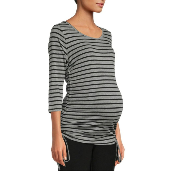 Oh! Mamma Tops - Oh Mamma! Heather Grey Black Striped 3/4 Sleeve Ruched Top with Ties NWT